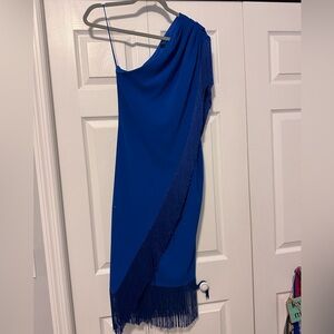 Badgley Mischka Royal Blue Asymmetrical Fringe Dress